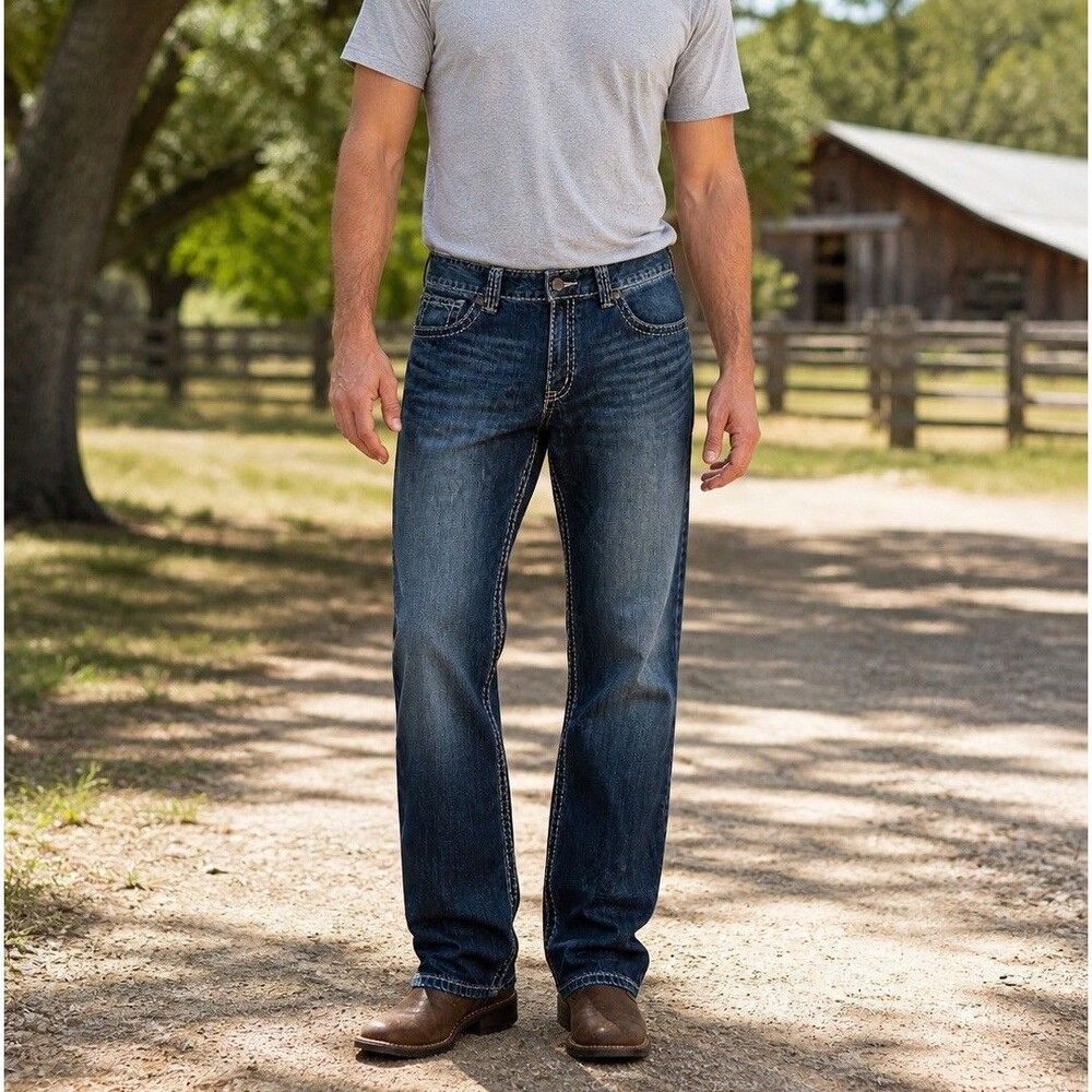 Rock 47 Denim Jeans Relaxed BootCut Western White Stitch 38x30 Workwear